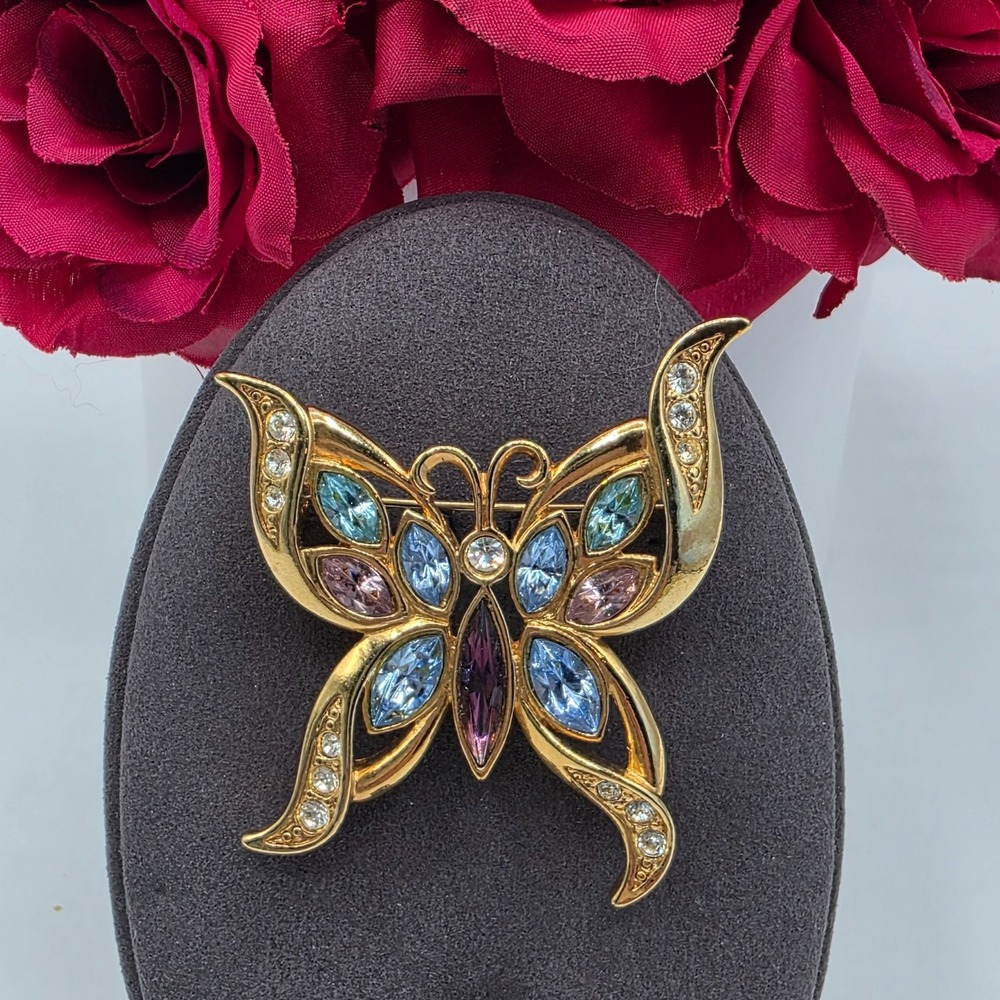 Monarch Butterfly Brooch Gold Tone Multi Color Rhinestone Pin Cottagecore Summer